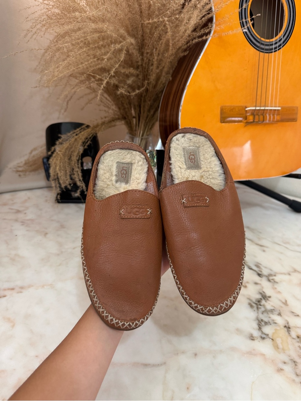 UGG Leather Cozy Slip On Slippers Brown Women’s Size US 7 EU 38